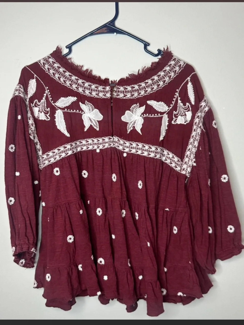 Free People Edie Top Sweet Raisin Maroon Embroidered Boho Peasant Blouse Size XS